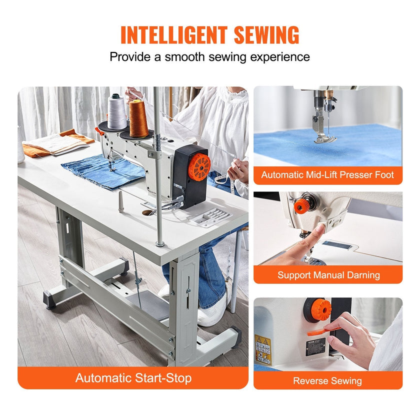 VEVOR Industrial Sewing Machine, 5000s.p.m Heavy-duty Lockstitch Sewing Machine with 550W Servo Motor and Table Stand, Electro-mechanization Intelligent Start-stop, Clear Control Panel for Easy Use