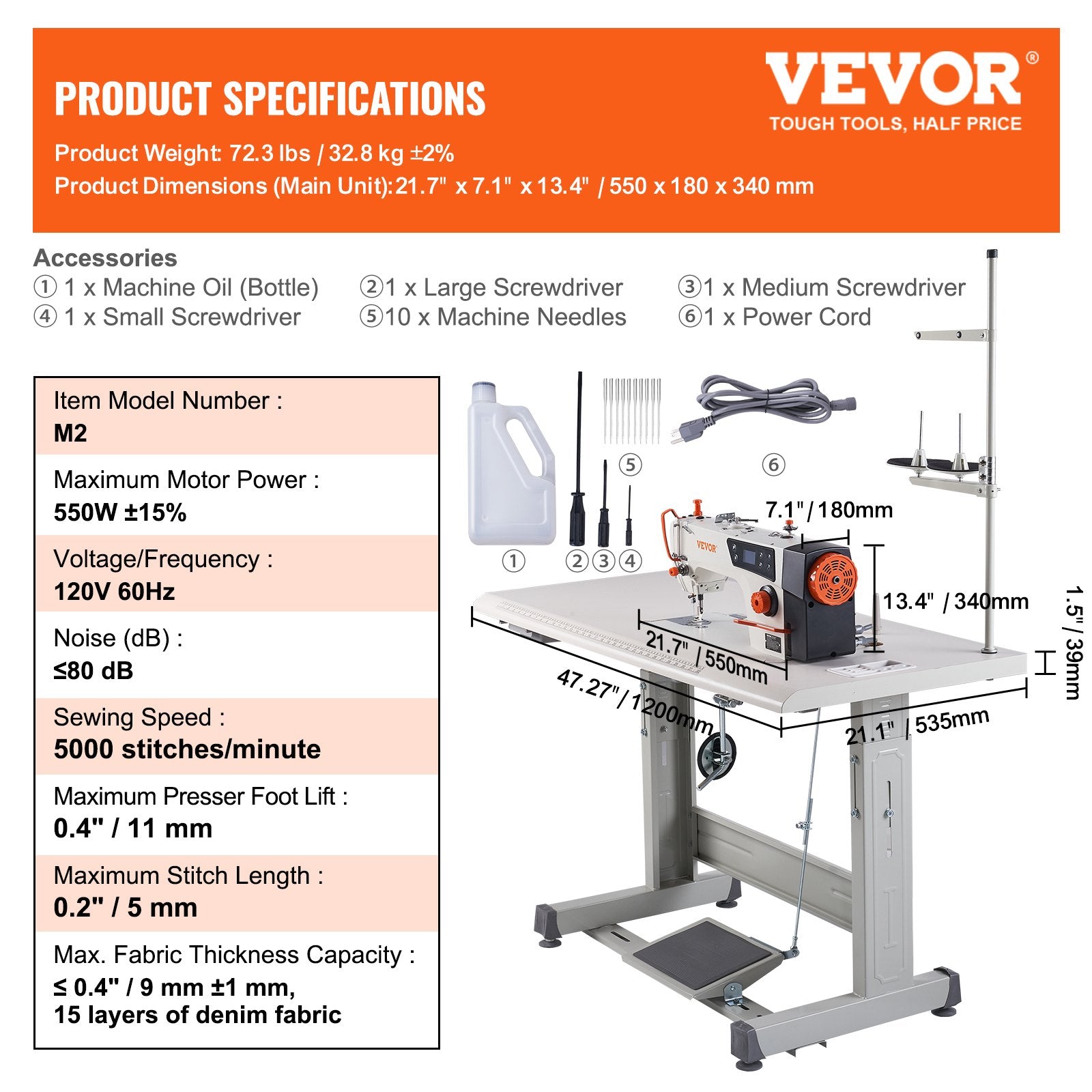 VEVOR Industrial Sewing Machine, 5000s.p.m Heavy-duty Lockstitch Sewing Machine with 550W Servo Motor and Table Stand, Electro-mechanization Intelligent Start-stop, Clear Control Panel for Easy Use