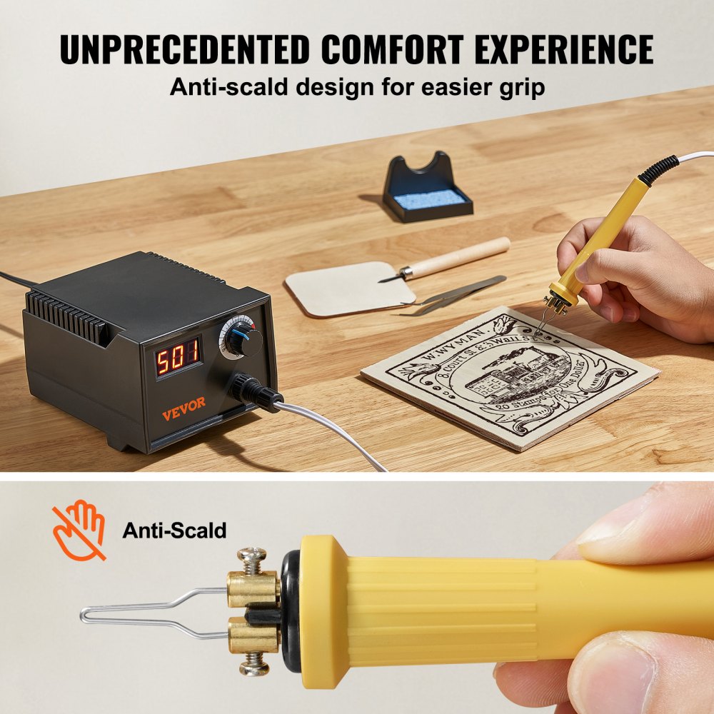 VEVOR Wood Burning Kit, 200~700°C Adjustable Temperature with Display, Wood Burner with 1 Pyrography Pen, 23 Wire Nibs, 1 Pen Holder, 4 Wood Chip, 1 Screwdriver, 1 Tweezers, 1 Craft Knife,1 Sponge