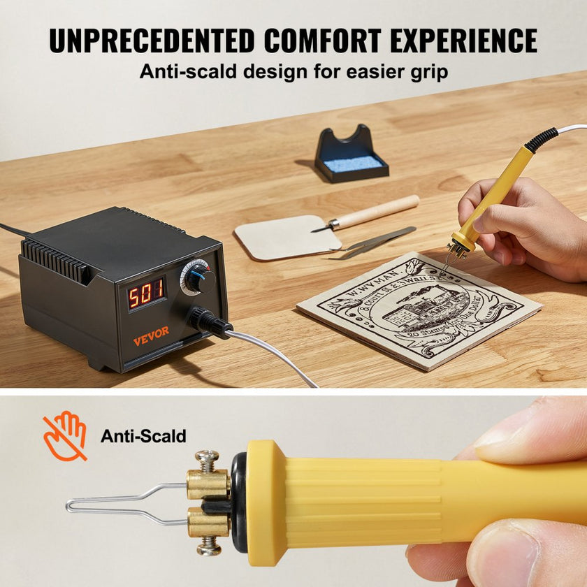 VEVOR Wood Burning Kit, 200~700°C Adjustable Temperature with Display, Wood Burner with 1 Pyrography Pen, 23 Wire Nibs, 1 Pen Holder, 4 Wood Chip, 1 Screwdriver, 1 Tweezers, 1 Craft Knife,1 Sponge