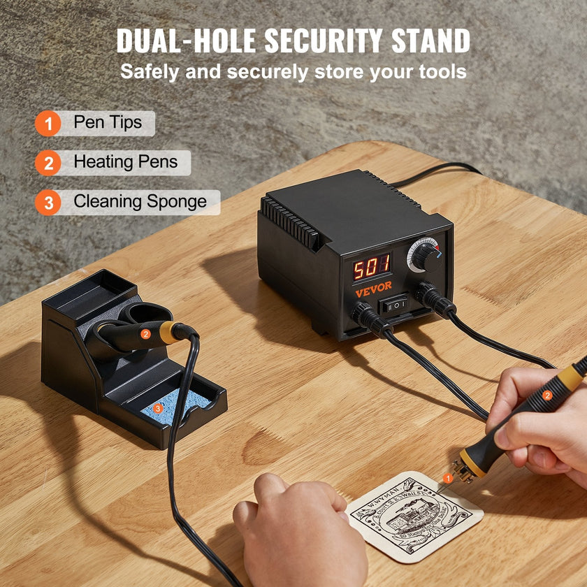 VEVOR Wood Burning Kit, 200~700°C Adjustable Temperature with Display, Dual Output Port with 2 Pyrography Pens, 23 Wire Nibs, 1 Pen Holder, 4 Wood Chip, 1 Screwdriver, 1 Tweezers, 1 Knife, 1 Sponge