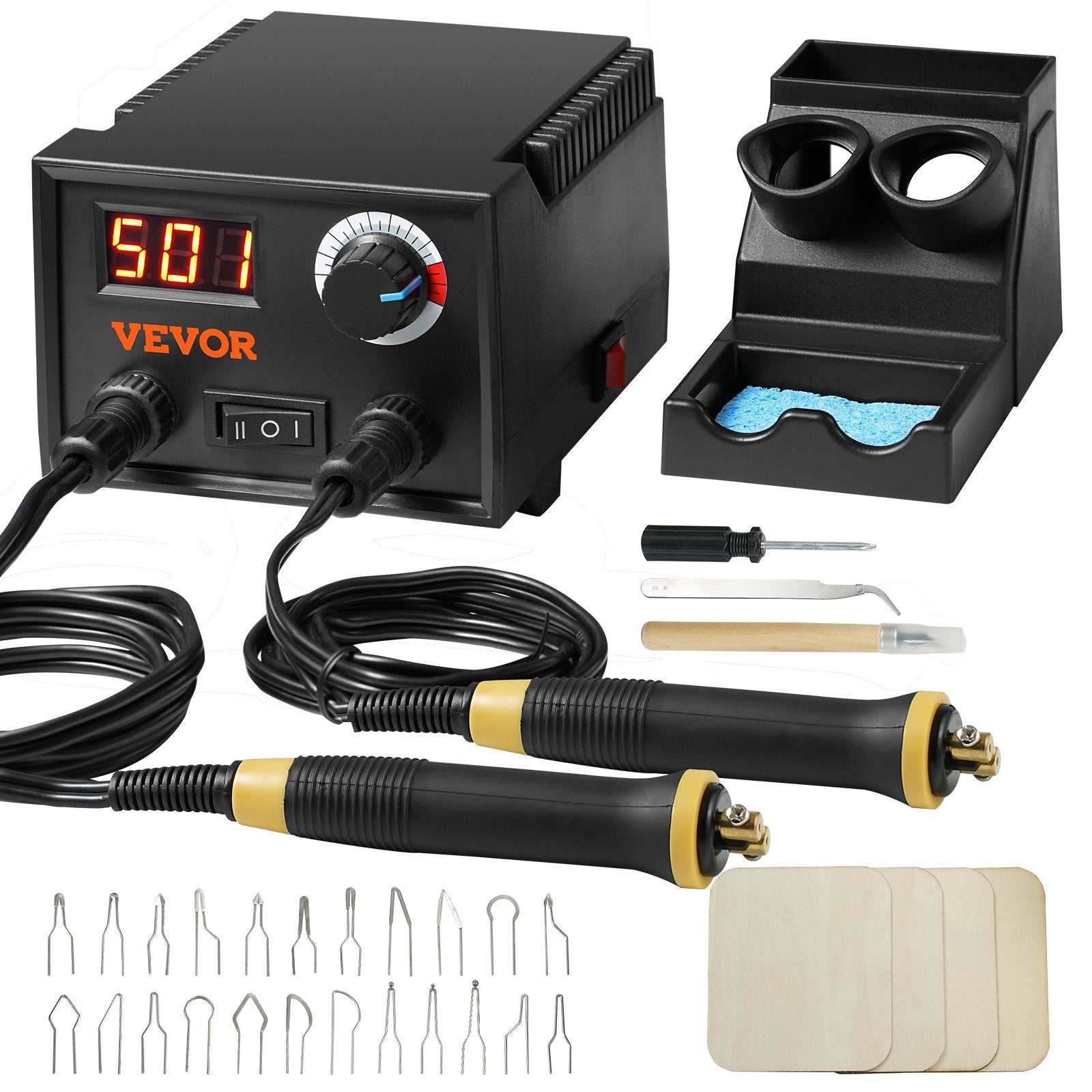 VEVOR Wood Burning Kit, 200~700°C Adjustable Temperature with Display, Dual Output Port with 2 Pyrography Pens, 23 Wire Nibs, 1 Pen Holder, 4 Wood Chip, 1 Screwdriver, 1 Tweezers, 1 Knife, 1 Sponge