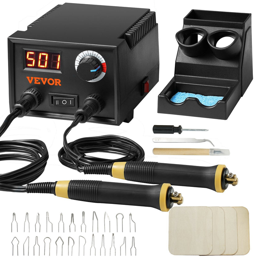 VEVOR Wood Burning Kit, 200~700°C Adjustable Temperature with Display, Dual Output Port with 2 Pyrography Pens, 23 Wire Nibs, 1 Pen Holder, 4 Wood Chip, 1 Screwdriver, 1 Tweezers, 1 Knife, 1 Sponge