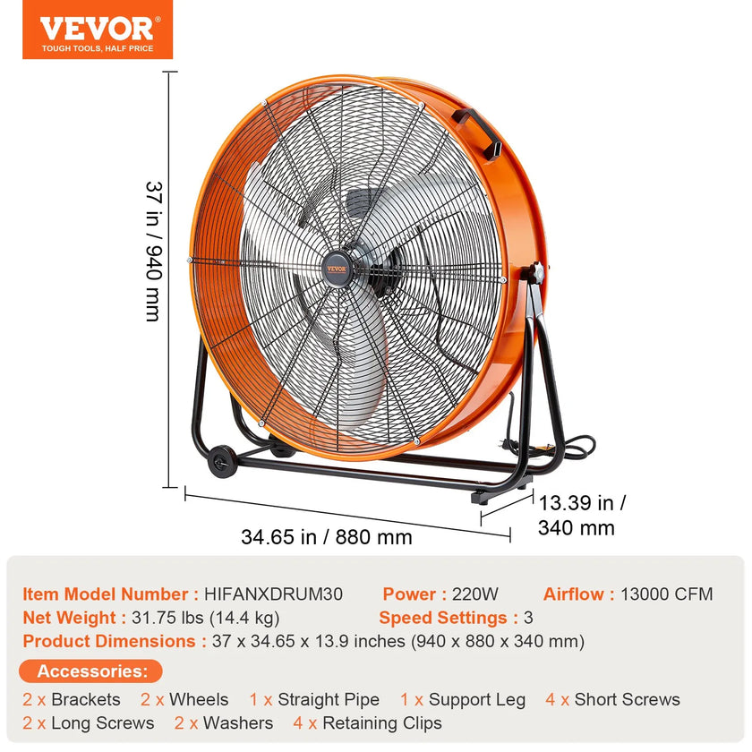 VEVOR Drum Fan 30 Inch High Velocity Industrial Use 3-Speed 13000CFM for Warehouse