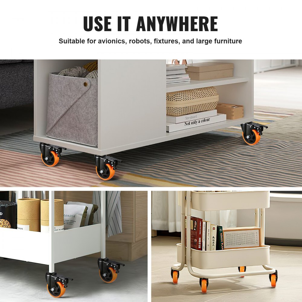 VEVOR Caster Wheels, 4 inch, Set of 4, 440 lbs Capacity, Threaded Stem Casters with Security Dual Locking A/B Brake, Heavy Duty Industrial Casters, No Noise Swivel Caster Wheels for Cart, Furniture