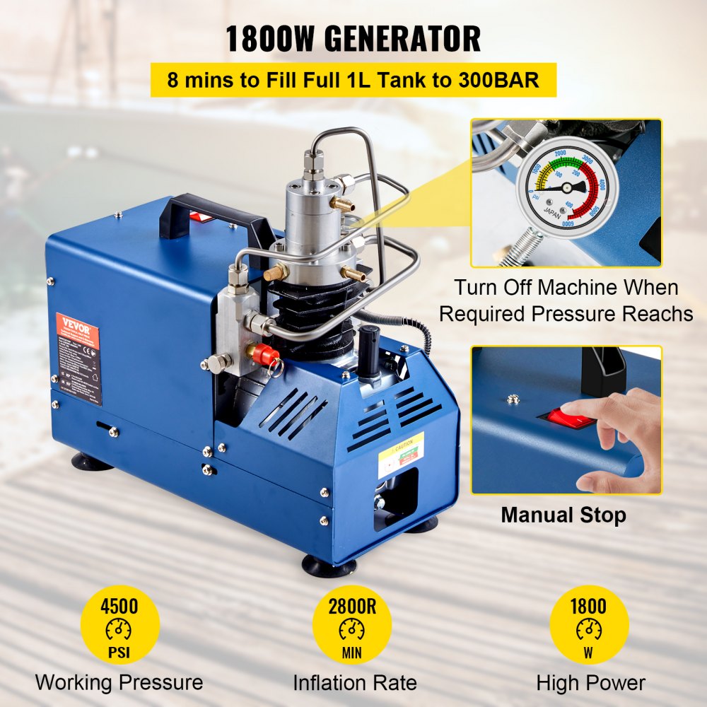 VEVOR High Pressure Compressor, 4500PSI/30MPA/300BAR High Pressure Air Compressor, 1800W 110V Manual Stop Air Rifle Compressor Suitable for Paintball Air Rifle, PCP Rifle, Air Pistol, Diving Bottle