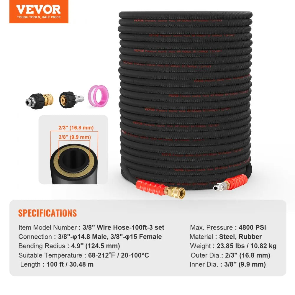 VEVOR Pressure Washer Hose, 100FT, Kink Free 3/8