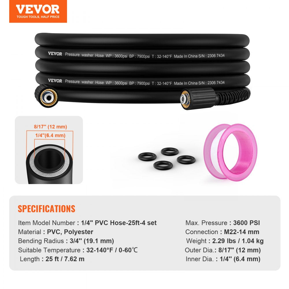 VEVOR Pressure Washer Hose, 25 FT, 1/4
