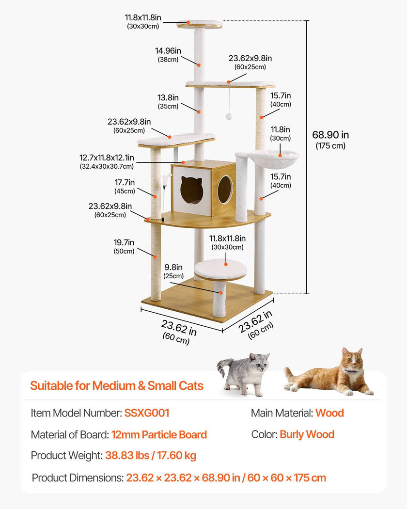 VEVOR Large Cat Tree Tall Cat Tower Multi-level Condo Play House for Indoor Cat
