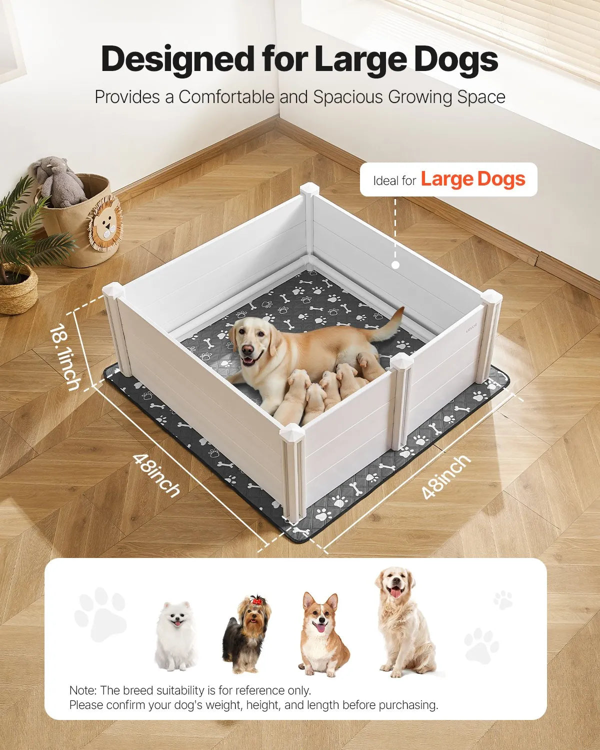 VEVOR Dog Whelping Box 48x48x18.1 inch with Height Adjustable Door for Large Dog