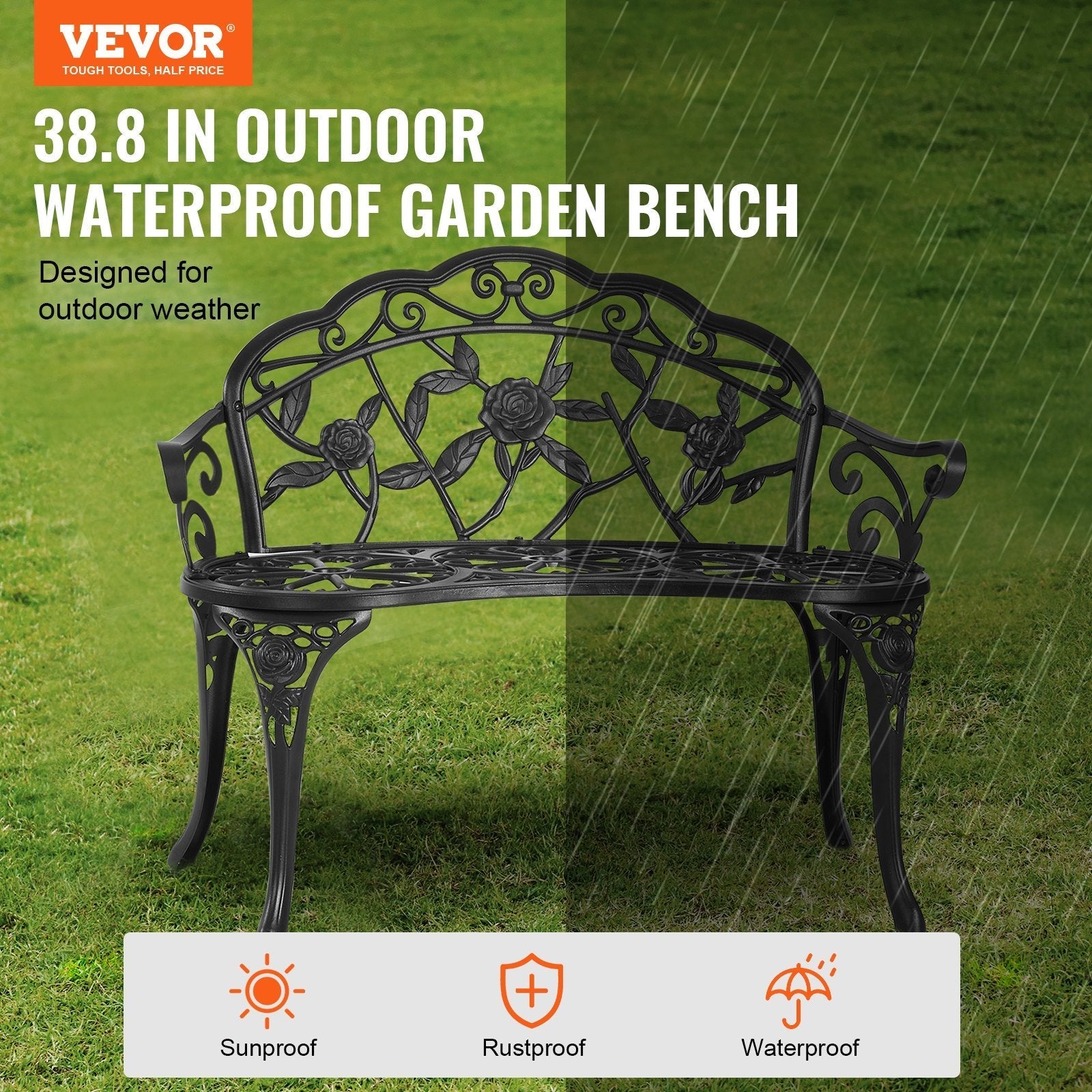 VEVOR Outdoor Bench, 38.8 inches Metal Garden Bench for Outdoors, 480 lbs Load Capacity Bench, Outdoor Garden Park Bench with Backrest and Armrests, Patio Bench for Garden, Park, Yard, Front Porch