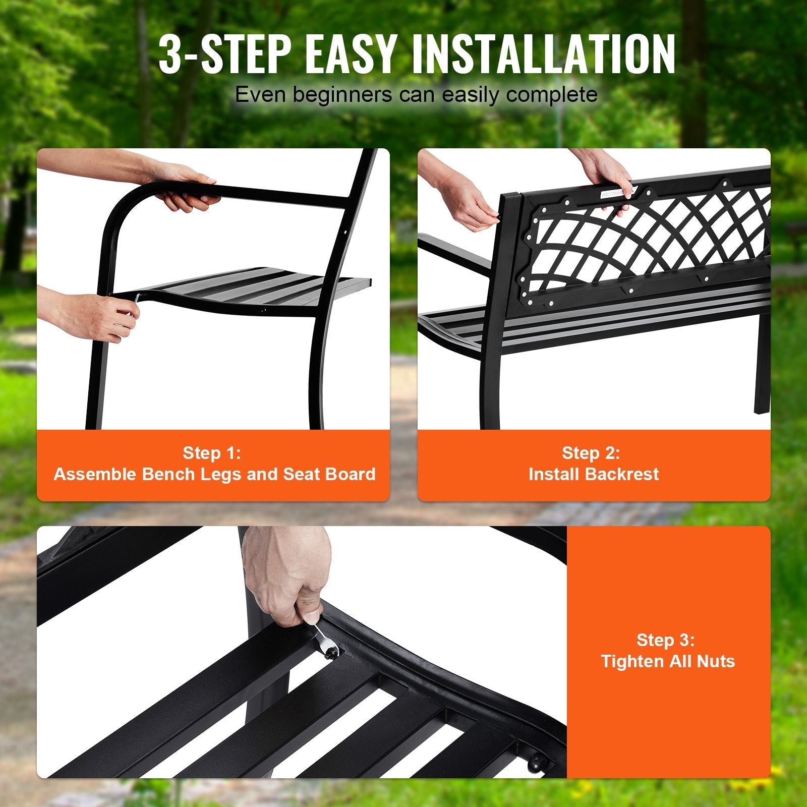 VEVOR Outdoor Bench, 46 inches Metal Garden Bench for Outdoors, 480 lbs Load Capacity Bench, Outdoor Garden Park Bench with Backrest and Armrests, Patio Bench for Garden, Park, Yard, Front Porch