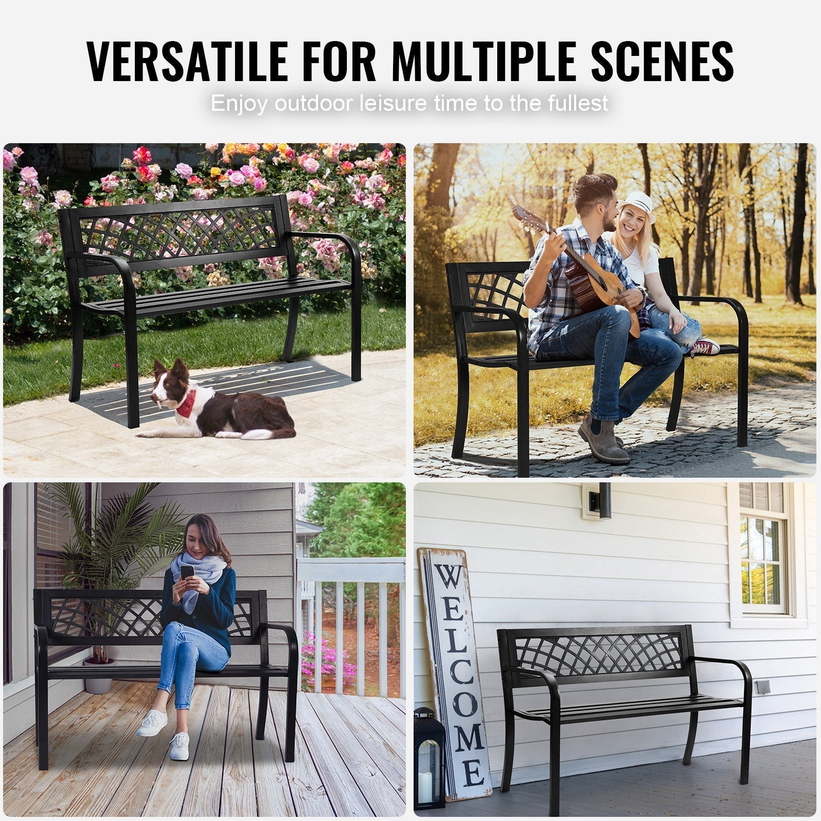 VEVOR Outdoor Bench, 46 inches Metal Garden Bench for Outdoors, 480 lbs Load Capacity Bench, Outdoor Garden Park Bench with Backrest and Armrests, Patio Bench for Garden, Park, Yard, Front Porch