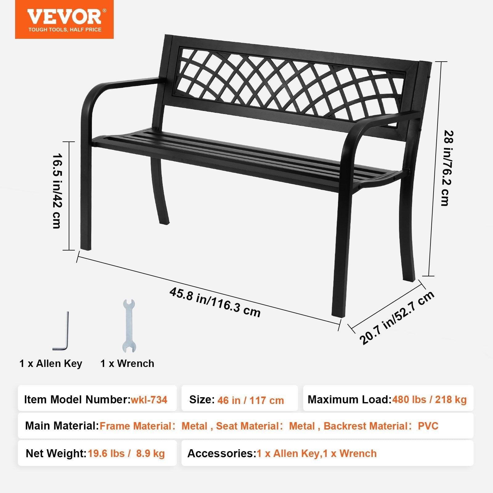 VEVOR Outdoor Bench, 46 inches Metal Garden Bench for Outdoors, 480 lbs Load Capacity Bench, Outdoor Garden Park Bench with Backrest and Armrests, Patio Bench for Garden, Park, Yard, Front Porch