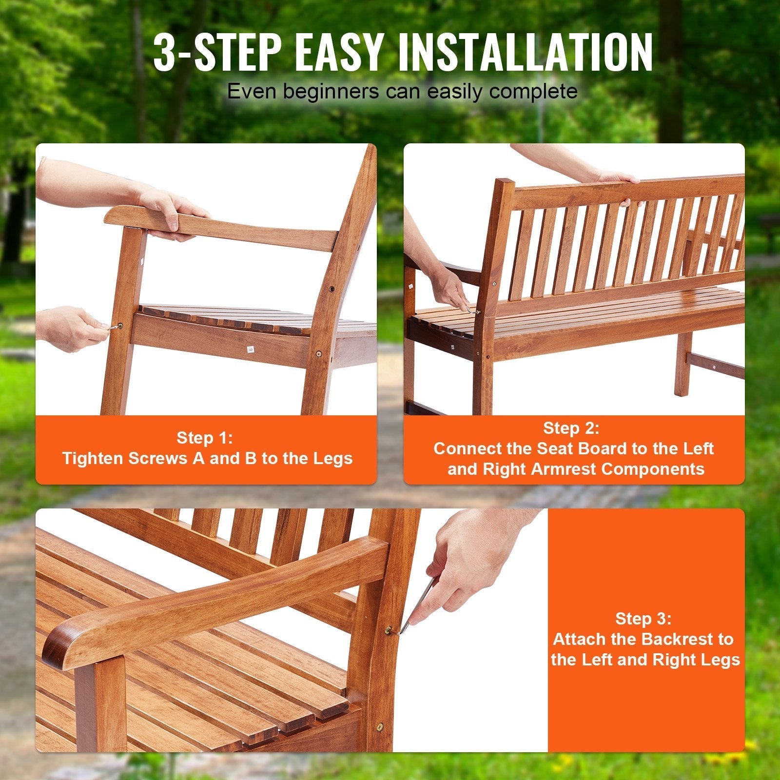 VEVOR Outdoor Bench, 50 inches Wood Garden Bench for Outdoors, 800 lbs Load Capacity Bench, Outdoor Garden Park Bench with Backrest and Armrests, Patio Bench for Garden, Park, Yard, Front Porch