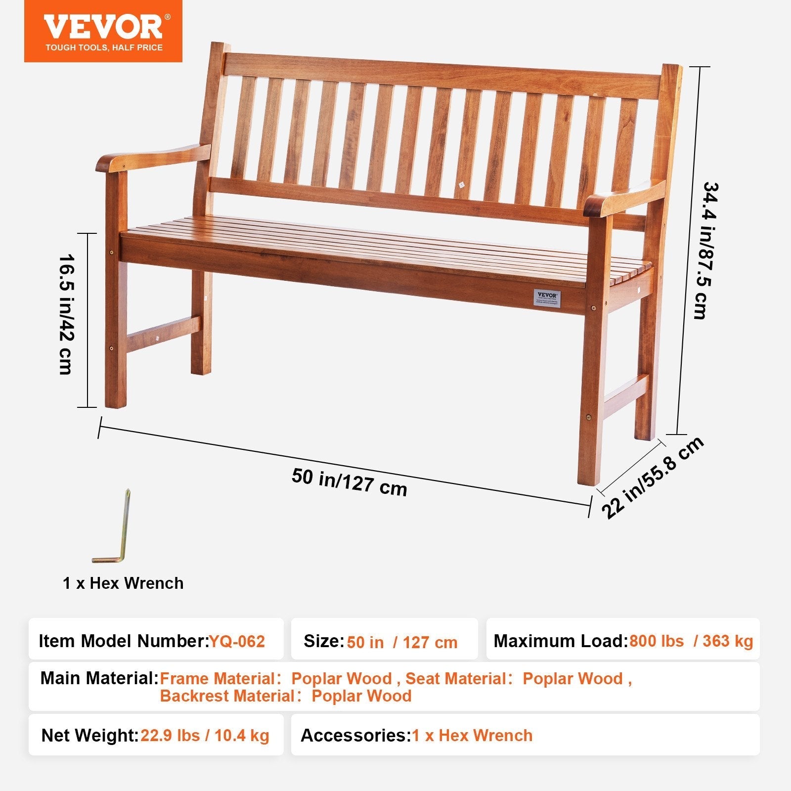 VEVOR Outdoor Bench, 50 inches Wood Garden Bench for Outdoors, 800 lbs Load Capacity Bench, Outdoor Garden Park Bench with Backrest and Armrests, Patio Bench for Garden, Park, Yard, Front Porch