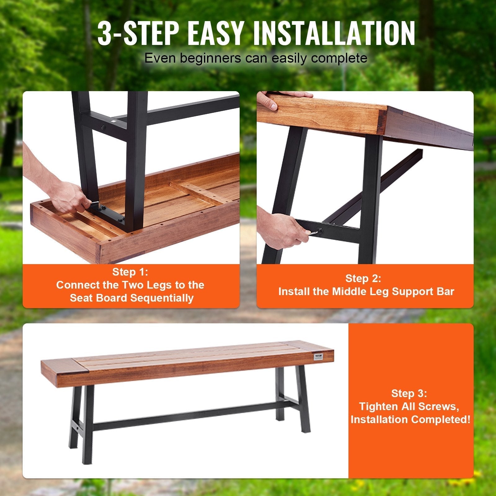 VEVOR Outdoor Bench, 63 inches Wood Garden Bench with Metal Leg for Outdoors, 500 lbs Load Capacity Bench, Outdoor Garden Park Bench, Dining Bench Patio Bench for Garden, Park, Yard, Front Porch