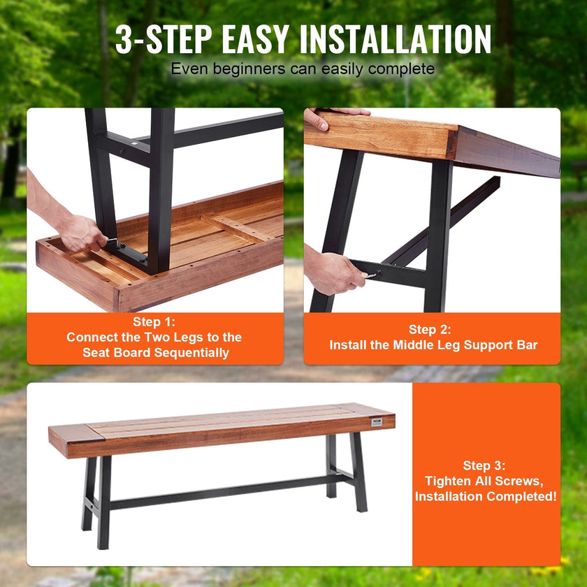 VEVOR Outdoor Bench, 63 inches Wood Garden Bench with Metal Leg for Outdoors, 500 lbs Load Capacity Bench, Outdoor Garden Park Bench, Dining Bench Patio Bench for Garden, Park, Yard, Front Porch