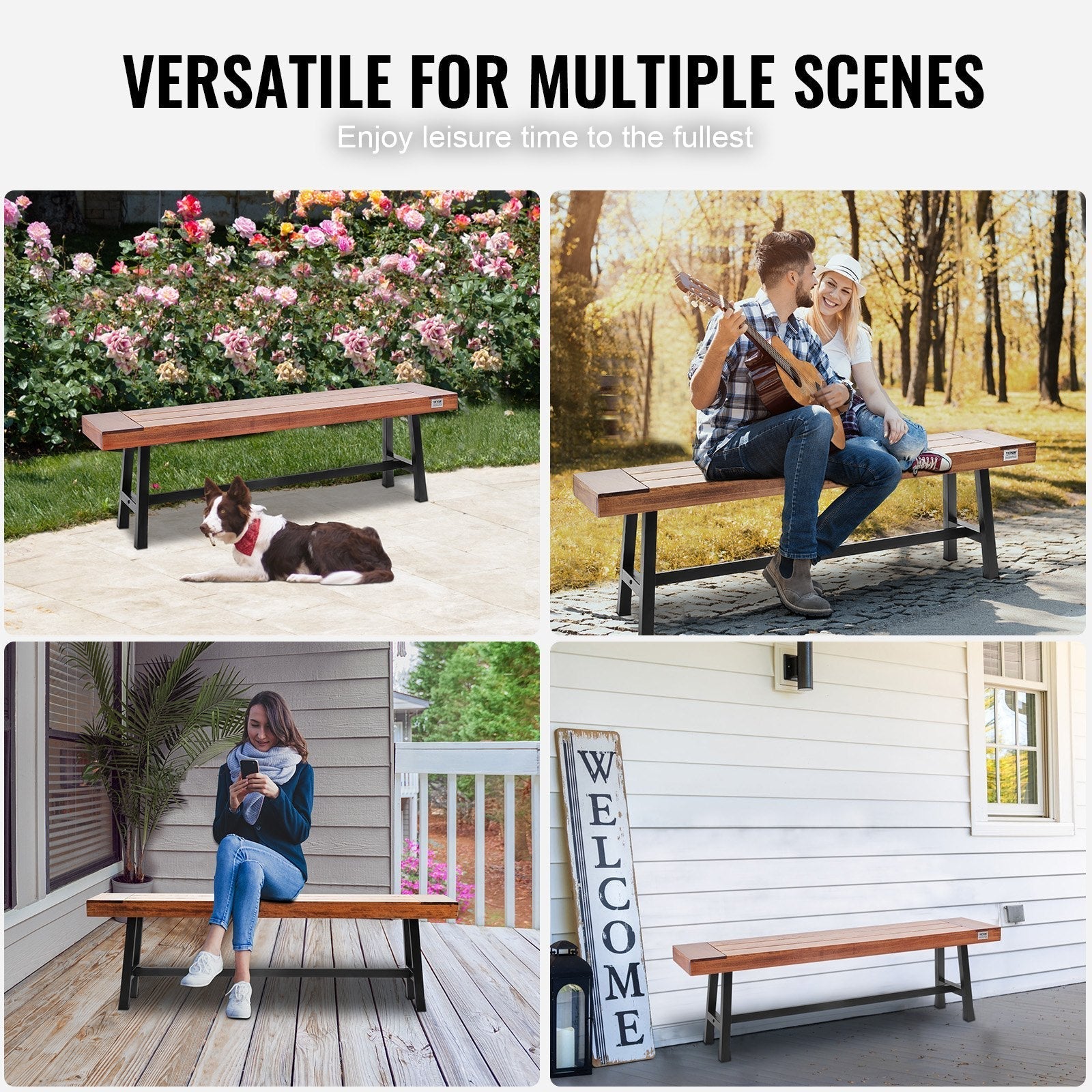 VEVOR Outdoor Bench, 63 inches Wood Garden Bench with Metal Leg for Outdoors, 500 lbs Load Capacity Bench, Outdoor Garden Park Bench, Dining Bench Patio Bench for Garden, Park, Yard, Front Porch
