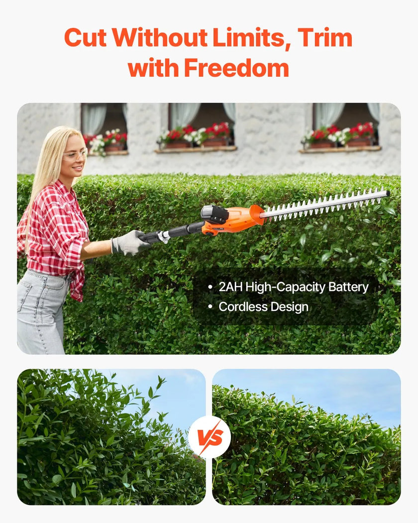 VEVOR Extendable Cordless Electric Hedge Trimmer 20V 1200RMP with 20in Blade