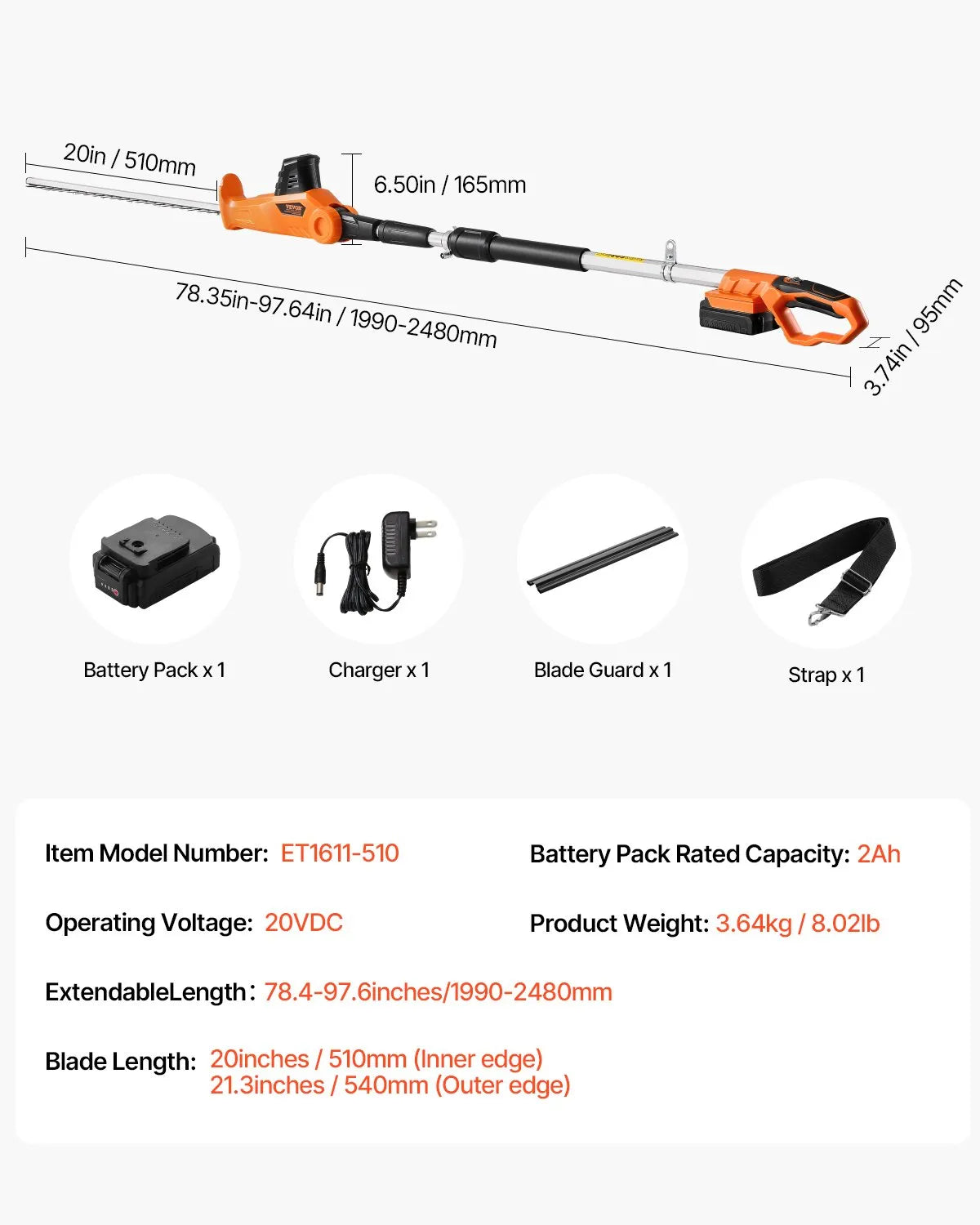 VEVOR Extendable Cordless Electric Hedge Trimmer 20V 1200RMP with 20in Blade