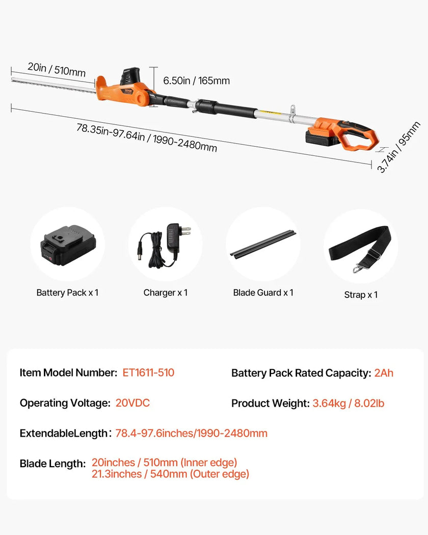 VEVOR Extendable Cordless Electric Hedge Trimmer 20V 1200RMP with 20in Blade