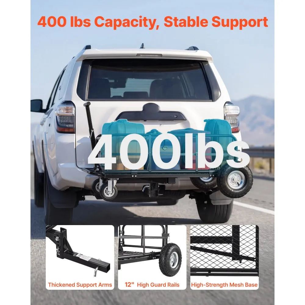 Hitch Mount Cargo Carrier with Wheels | 2-in-1 Folding Cargo Basket & Cargo Cart | 400 lb Capacity