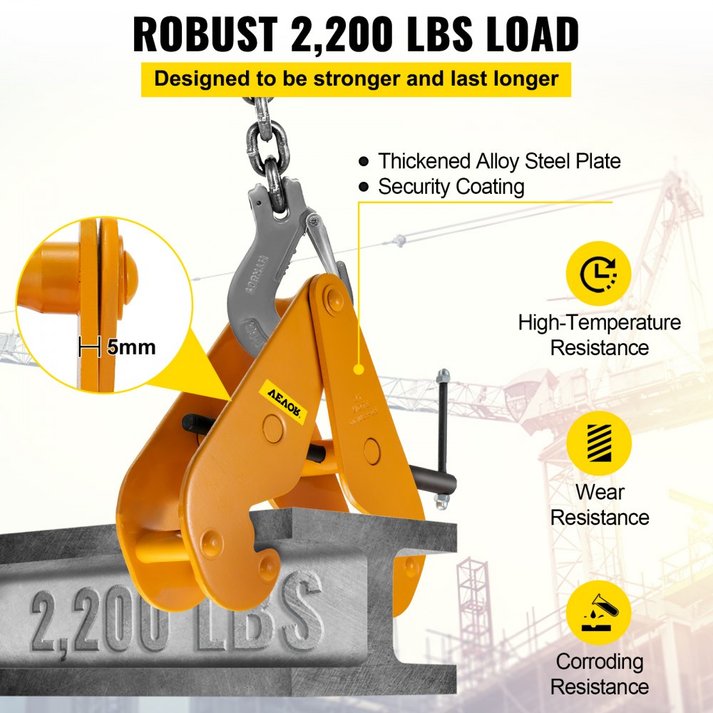 VEVOR 2200lbs/1ton Capacity Beam Clamp I Beam Lifting Clamp 3Inch-9Inch Opening Range Beam Clamps for Rigging Heavy Duty Steel Beam Clamp Tool Beam Hangers for Lifting Rigging Yellow