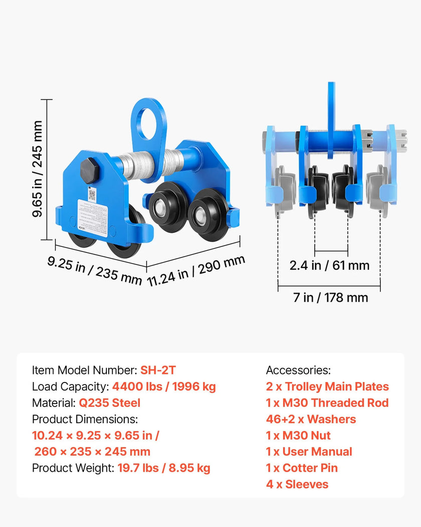 Manual Push Beam Trolley – 4400 lb Capacity Adjustable I-Beam Hoist Trolley