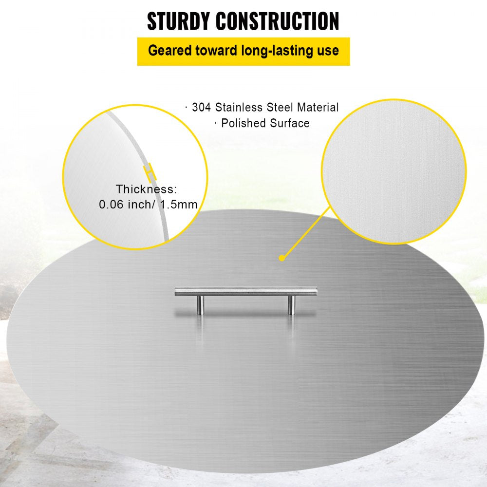 VEVOR Fire Pit Lid 20 Inch Round Fire Ring Lid Cover 1.5mm Thick 430 Stainless Steel Burner Pan Cover for Patio Fire Pit Pan