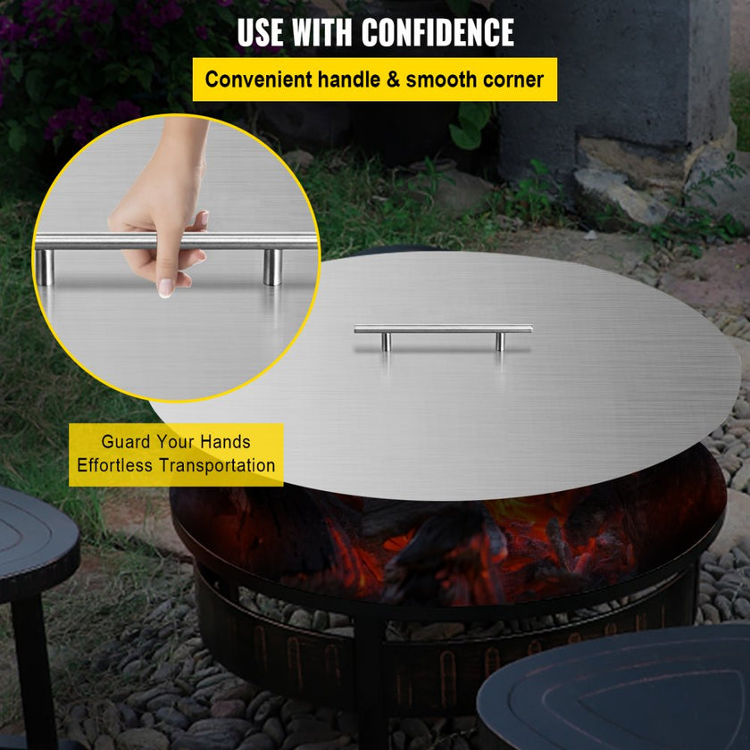 VEVOR Fire Pit Lid 20 Inch Round Fire Ring Lid Cover 1.5mm Thick 430 Stainless Steel Burner Pan Cover for Patio Fire Pit Pan