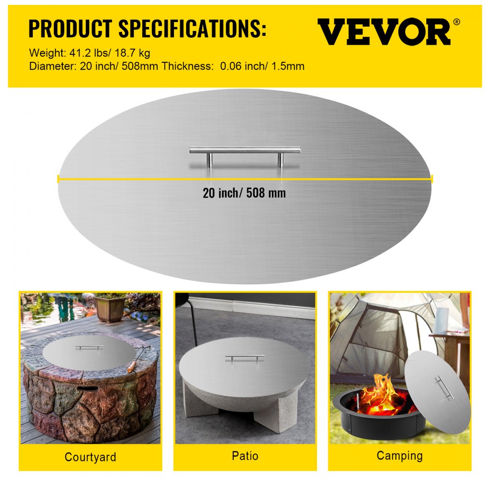 VEVOR Fire Pit Lid 20 Inch Round Fire Ring Lid Cover 1.5mm Thick 430 Stainless Steel Burner Pan Cover for Patio Fire Pit Pan