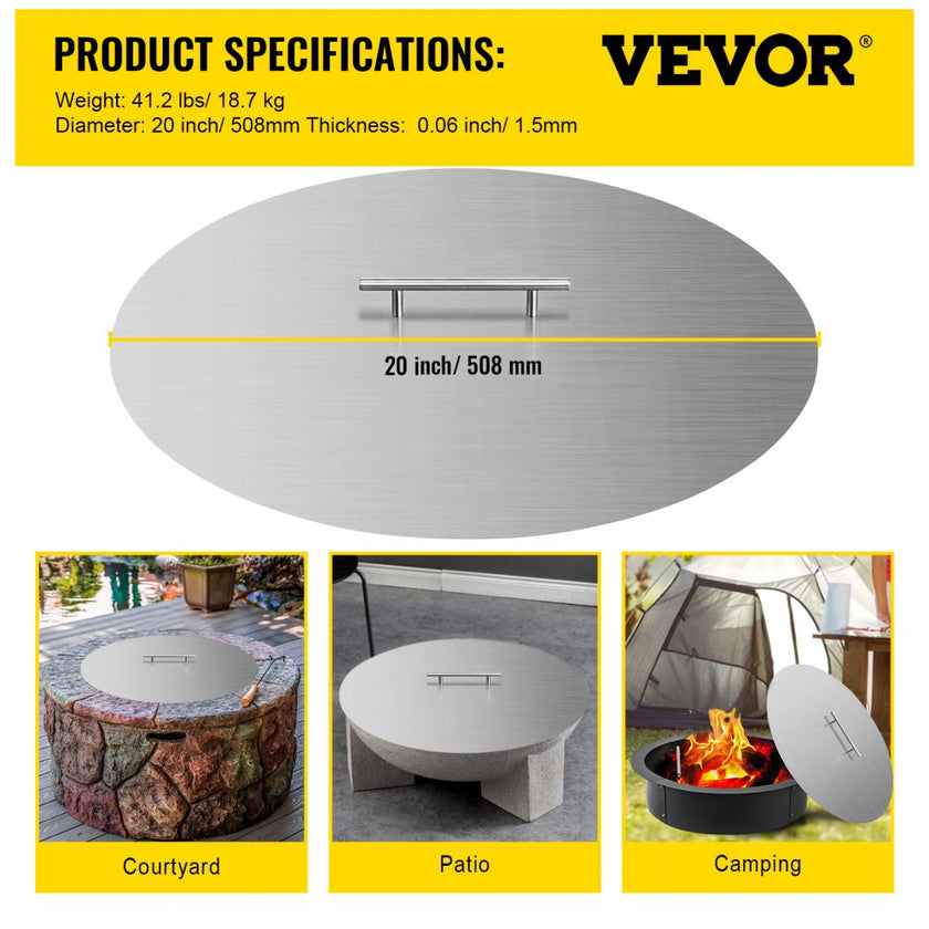 VEVOR Fire Pit Lid 20 Inch Round Fire Ring Lid Cover 1.5mm Thick 430 Stainless Steel Burner Pan Cover for Patio Fire Pit Pan