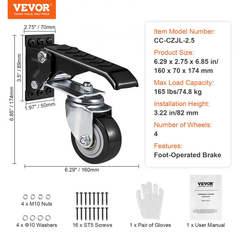 VEVOR Workbench Caster Wheels, 165 lbs Load Capacity, Set of 4, 2.5