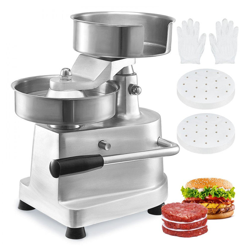 VEVOR Commercial Burger Patty Maker, 150mm/6inch Hamburger Beef Patty Maker, Heavy Duty Food-Grade Stainless Steel Bowl Burger Press Machine, Kitchen Meat Forming Processor with 1000 Pcs Patty Papers
