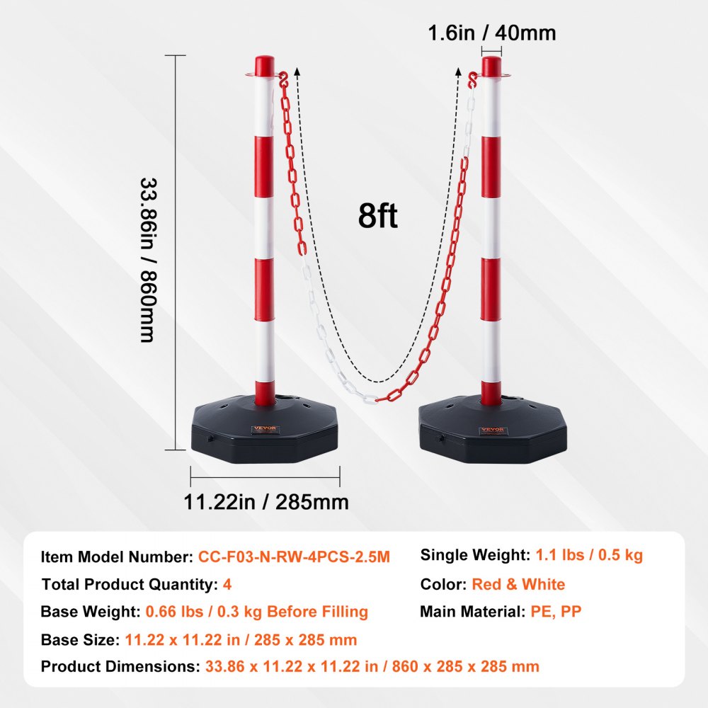 VEVOR Adjustable Traffic Delineator Post Cones, 4 Pack, Traffic Safety Delineator Barrier with Fillable Base 8FT Chain, for Traffic Control Warning Parking Lot Construction Caution Roads, Red & White