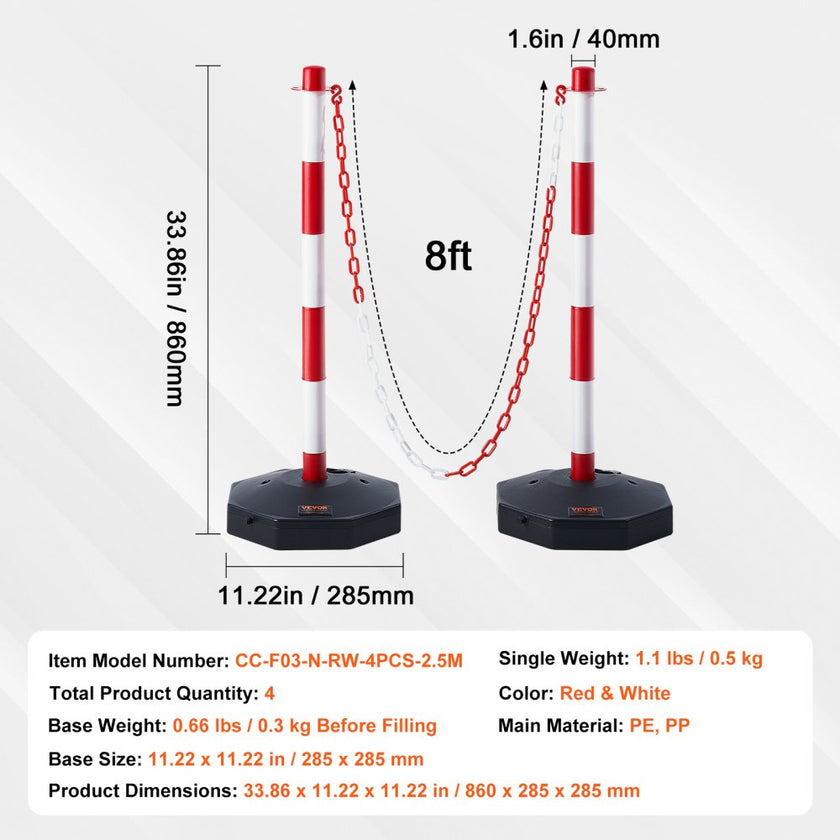VEVOR Adjustable Traffic Delineator Post Cones, 4 Pack, Traffic Safety Delineator Barrier with Fillable Base 8FT Chain, for Traffic Control Warning Parking Lot Construction Caution Roads, Red & White
