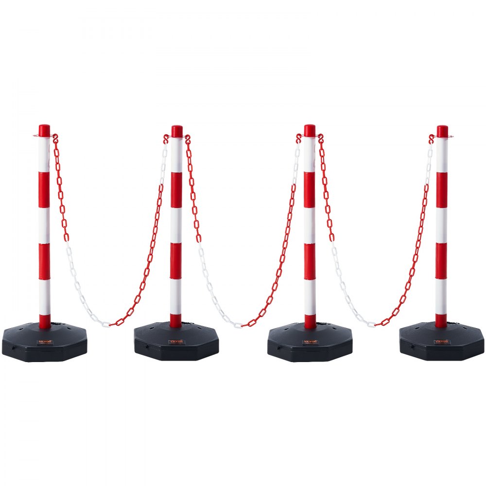 VEVOR Adjustable Traffic Delineator Post Cones, 4 Pack, Traffic Safety Delineator Barrier with Fillable Base 8FT Chain, for Traffic Control Warning Parking Lot Construction Caution Roads, Red & White