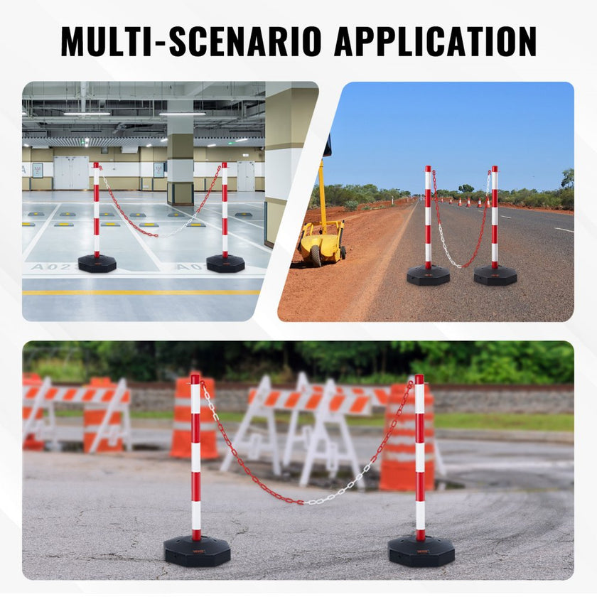 VEVOR Adjustable Traffic Delineator Post Cones, 2 Pack, Traffic Safety Delineator Barrier with Fillable Base 8FT Chain, for Traffic Control Warning Parking Lot Construction Caution Roads, Red & White