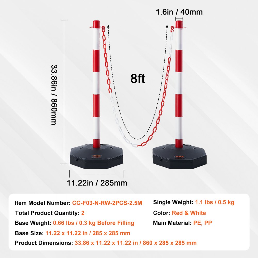 VEVOR Adjustable Traffic Delineator Post Cones, 2 Pack, Traffic Safety Delineator Barrier with Fillable Base 8FT Chain, for Traffic Control Warning Parking Lot Construction Caution Roads, Red & White