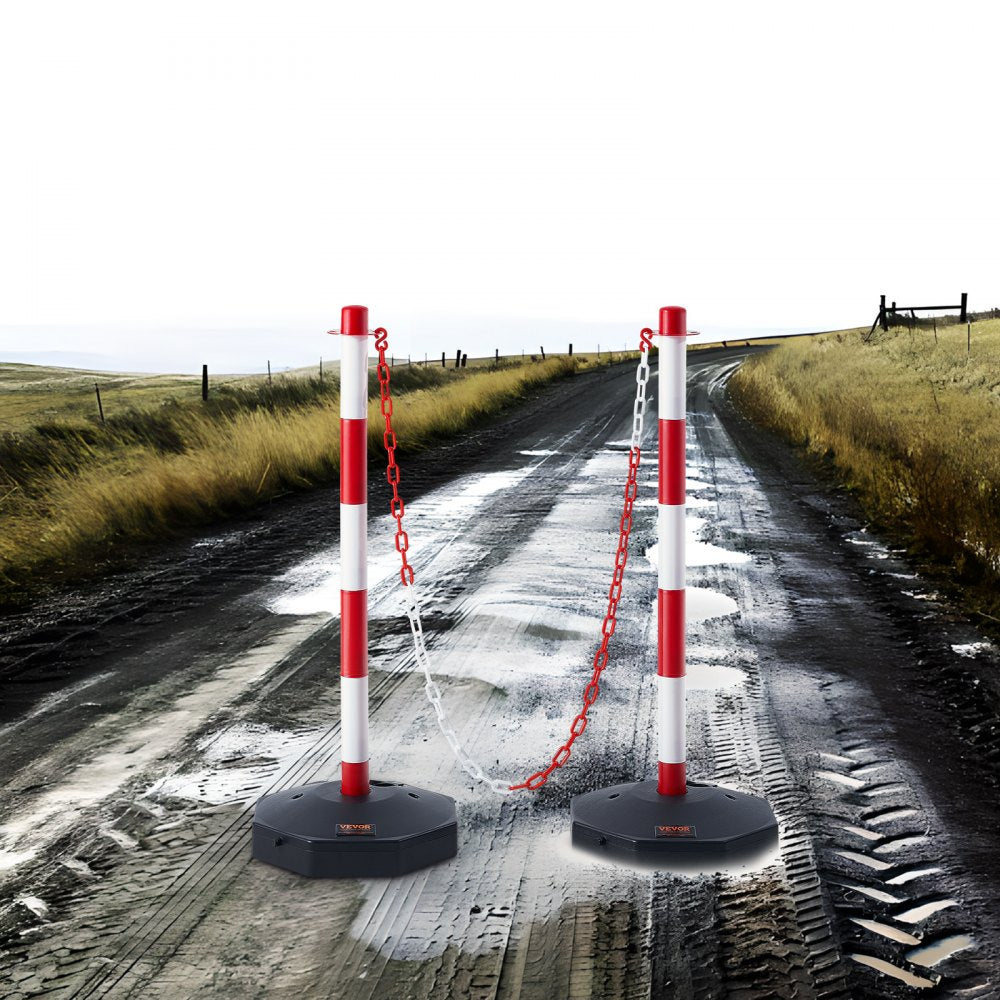 VEVOR Adjustable Traffic Delineator Post Cones, 2 Pack, Traffic Safety Delineator Barrier with Fillable Base 8FT Chain, for Traffic Control Warning Parking Lot Construction Caution Roads, Red & White