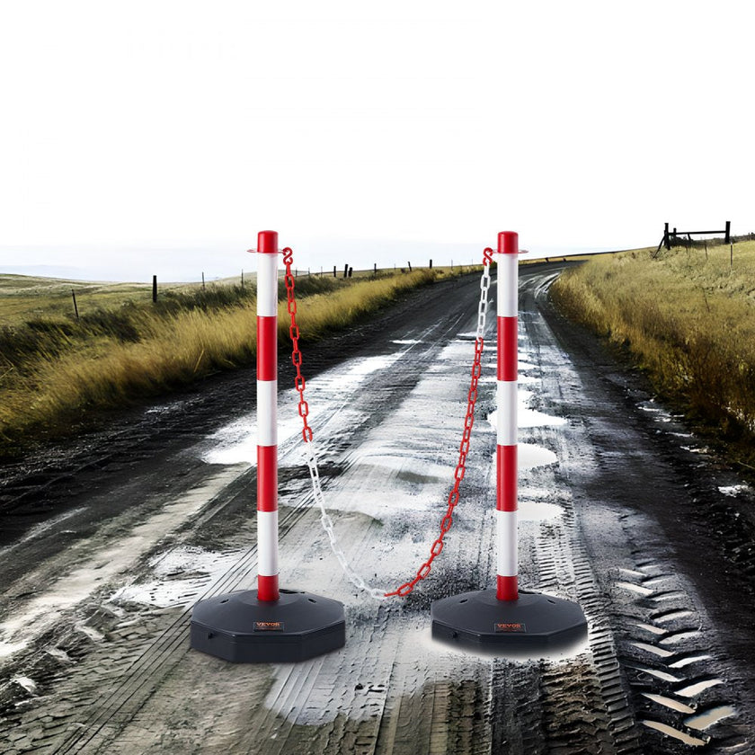 VEVOR Adjustable Traffic Delineator Post Cones, 2 Pack, Traffic Safety Delineator Barrier with Fillable Base 8FT Chain, for Traffic Control Warning Parking Lot Construction Caution Roads, Red & White
