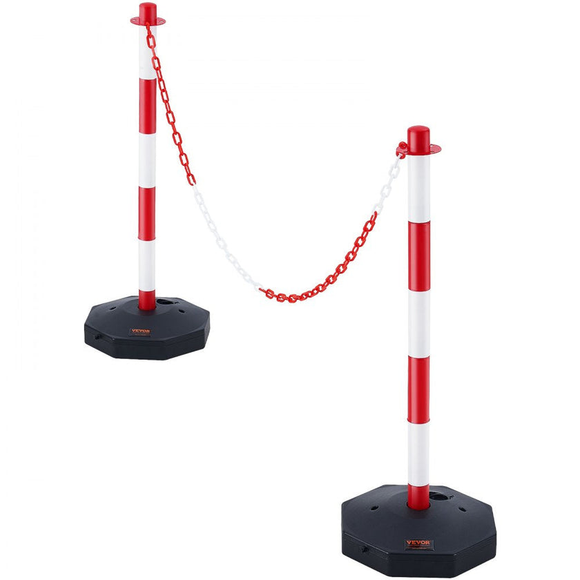 VEVOR Adjustable Traffic Delineator Post Cones, 2 Pack, Traffic Safety Delineator Barrier with Fillable Base 8FT Chain, for Traffic Control Warning Parking Lot Construction Caution Roads, Red & White