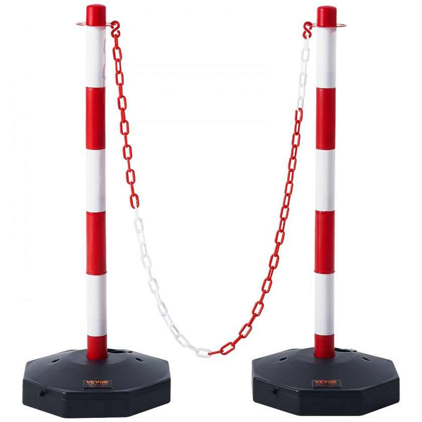 VEVOR Adjustable Traffic Delineator Post Cones, 2 Pack, Traffic Safety Delineator Barrier with Fillable Base 8FT Chain, for Traffic Control Warning Parking Lot Construction Caution Roads, Red & White