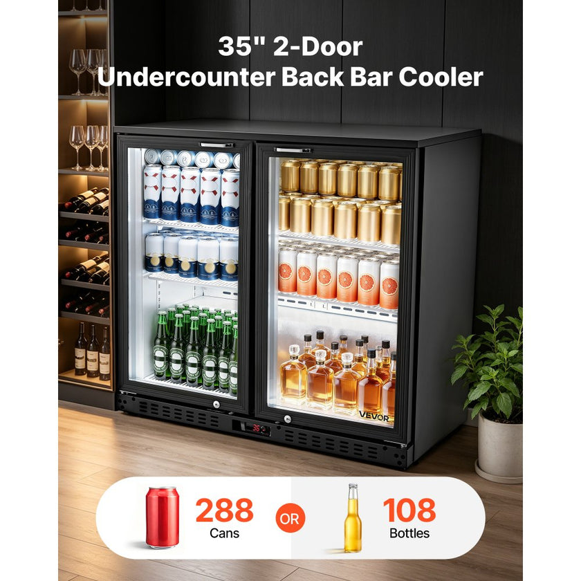 Back Bar Cooler – 7.4 Cu. Ft Commercial Beverage Refrigerator with Dual Glass Doors