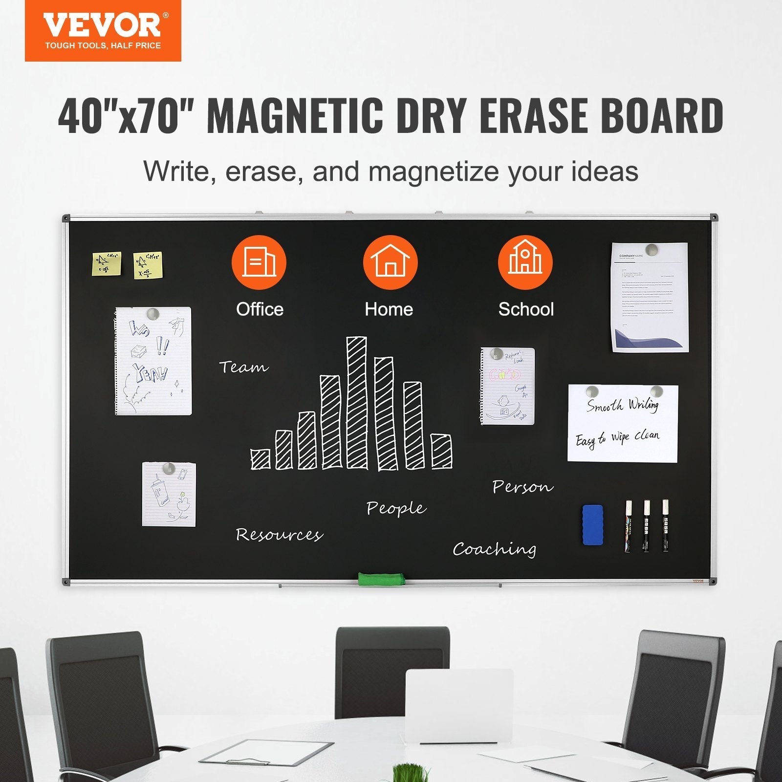 VEVOR Black Board, 70 x 40 inch Large Chalkboard with Aluminum Frame, Black Boards Dry Erase Includes 1 Magnetic Erase & 3 Dry Erase Markers, Black Surface, for Office Home and School
