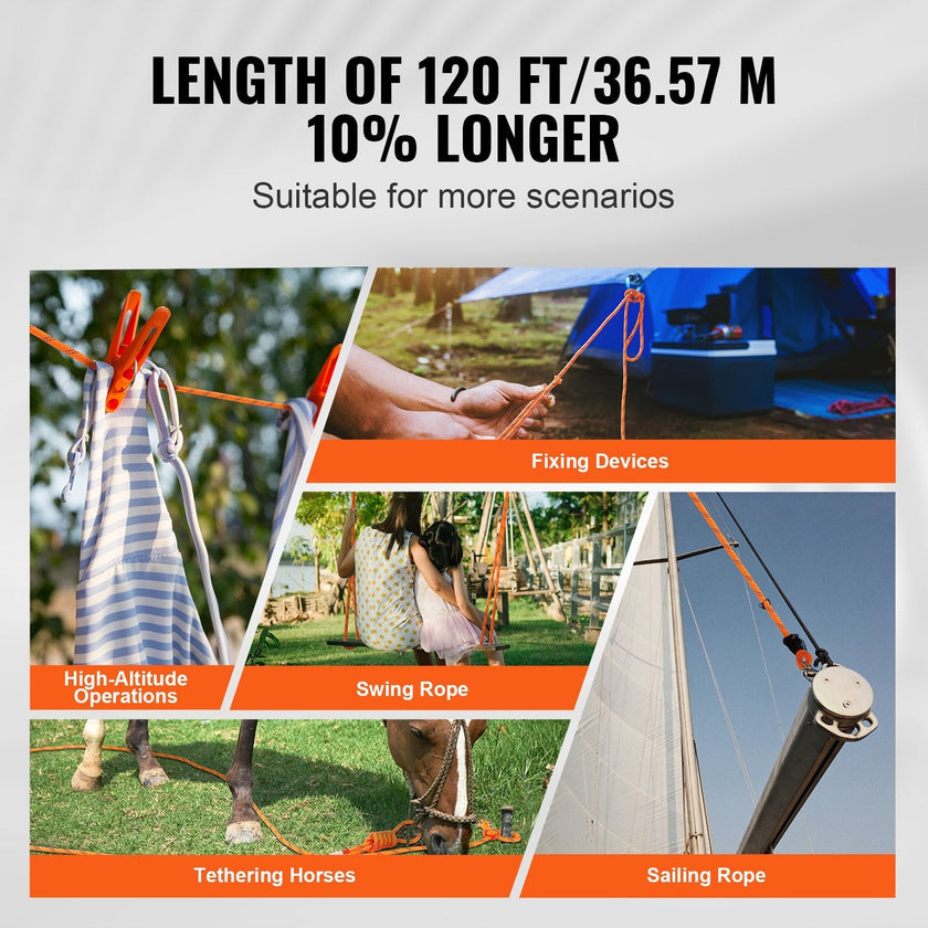 VEVOR Double Braided Polyester Rope, 1/2 in x 120 ft, 48 Strands, 8000 LBS Breaking Strength Outdoor Climbing Rope, Arborist Rigging Rope for Rock Hiking Camping Swing Rappelling Rescue, Orange/Black
