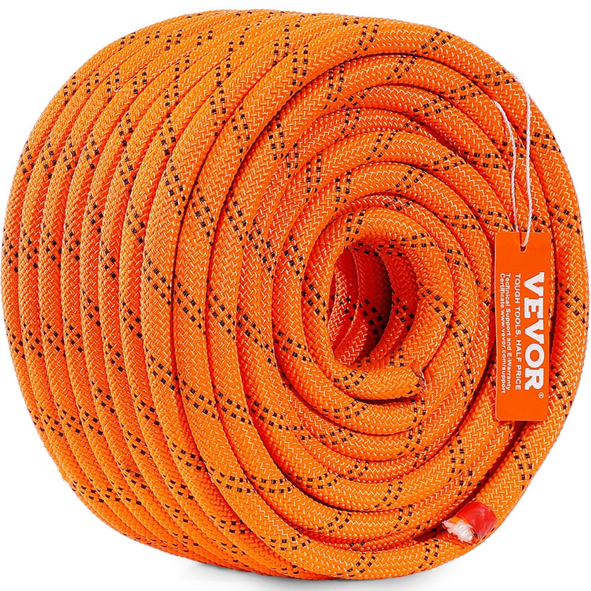 VEVOR Double Braided Polyester Rope, 1/2 in x 120 ft, 48 Strands, 8000 LBS Breaking Strength Outdoor Climbing Rope, Arborist Rigging Rope for Rock Hiking Camping Swing Rappelling Rescue, Orange/Black