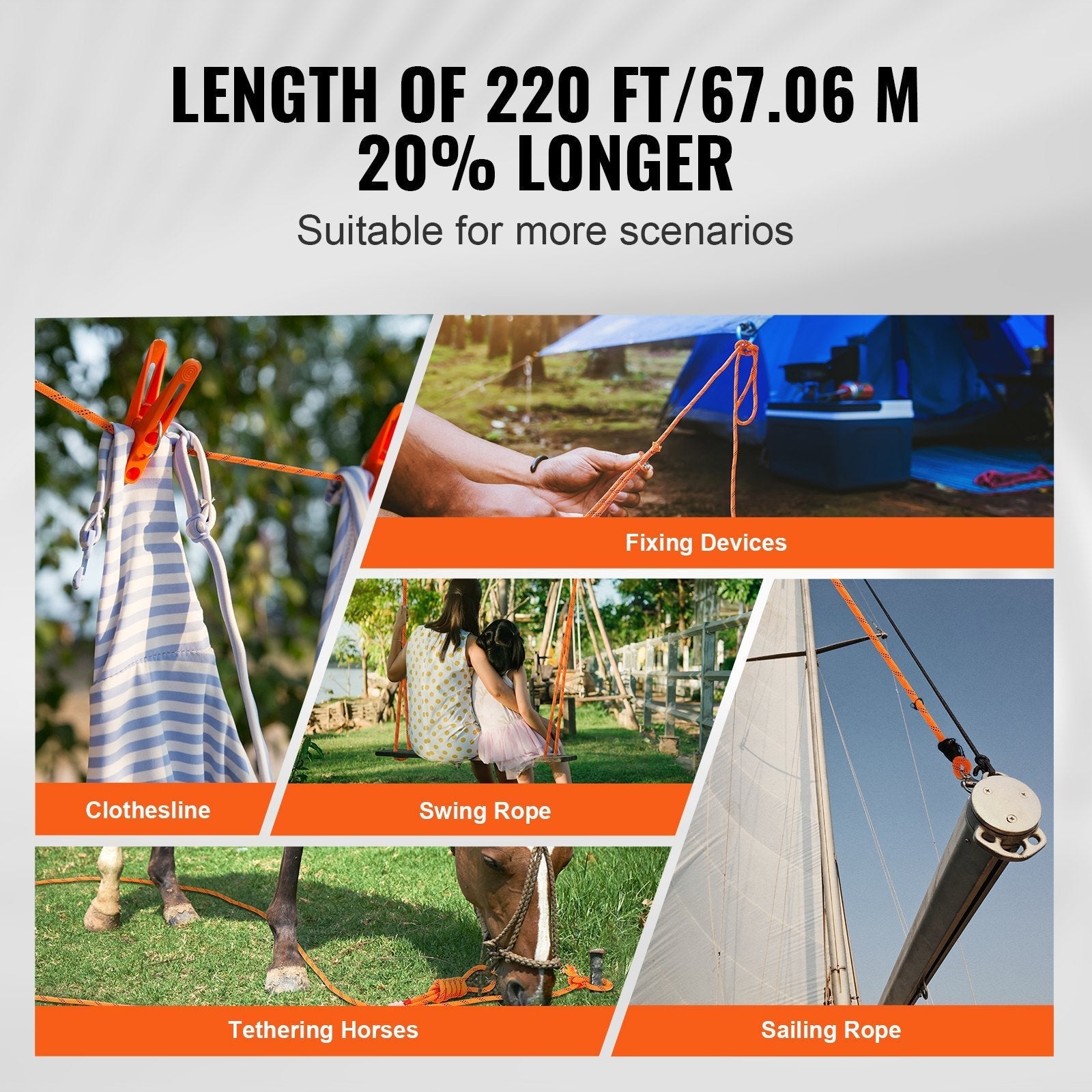 VEVOR Double Braided Polyester Rope, 3/4 in x 220 ft, 24 Strands, 20000 LBS Breaking Strength Outdoor Climbing Rope, Arborist Rigging Rope for Rock Hiking Camping Swing Rappelling Rescue, Orange/Black