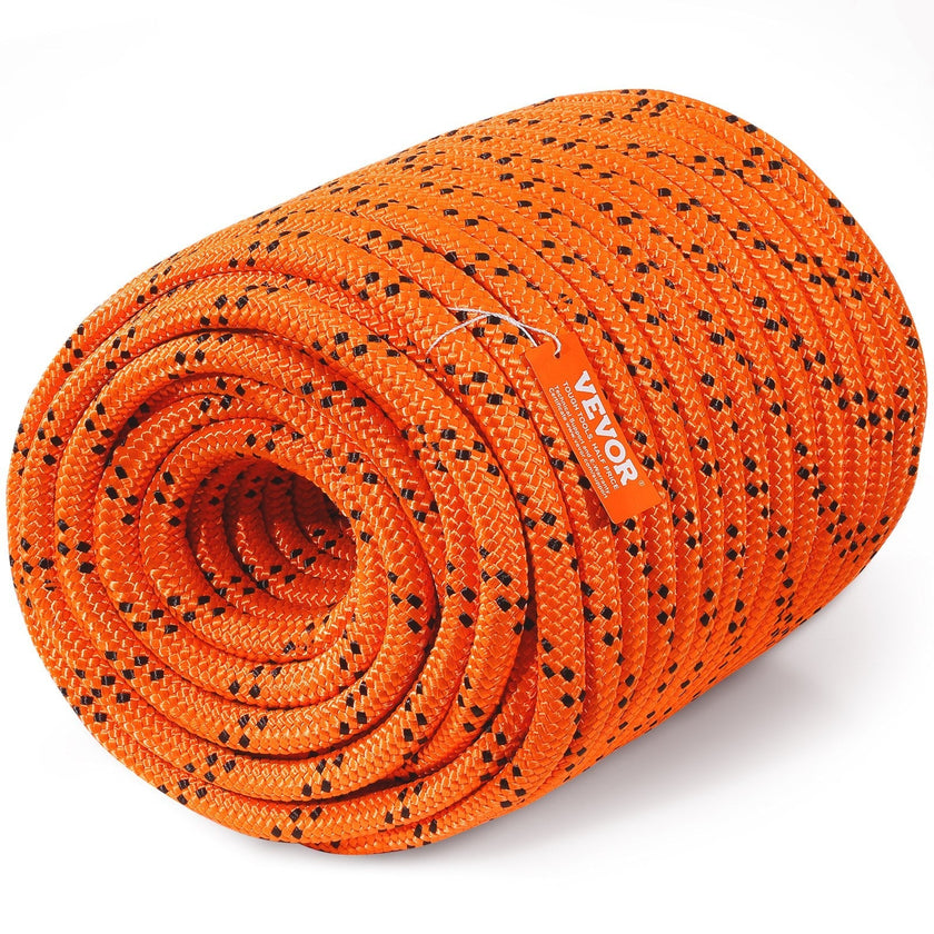 VEVOR Double Braided Polyester Rope, 3/4 in x 220 ft, 24 Strands, 20000 LBS Breaking Strength Outdoor Climbing Rope, Arborist Rigging Rope for Rock Hiking Camping Swing Rappelling Rescue, Orange/Black